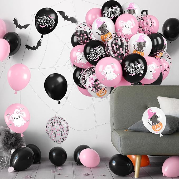 Halloween Balloons, 52 PCS Pink Black Halloween Balloons with Pumpkin Cat, Ghost Printed Balloon, Pink Black Confetti Latex Balloon for Ghost Party Decorations