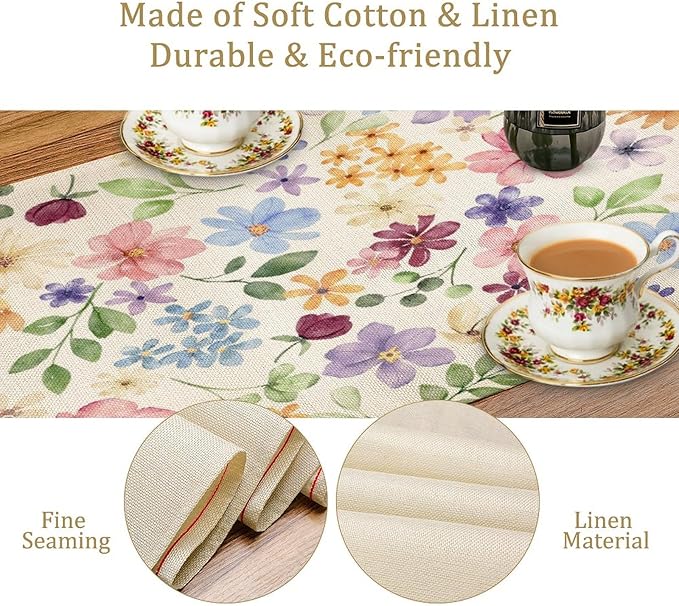 Floral Decorative Table Runner, Watercolor Floral Botanical Rustic Modern Style Pattern Printed Long Table Runner for Restaurant Kitchen Party,13in（33cm） W * 120in（305cm） L