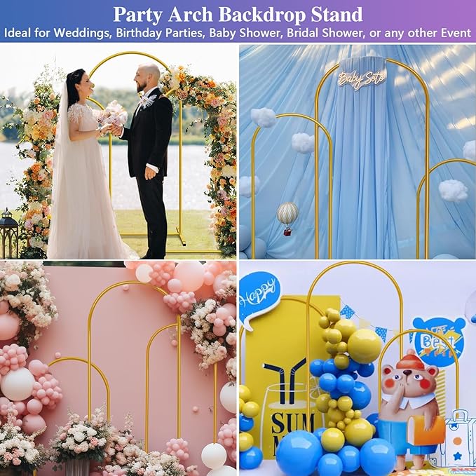 Hemmotop Metal Arch Backdrop Stand Set of 3, 6 ft/ 5 ft/ 4 ft Party Arch Stands for Wedding, Birthday, Baby Shower, Bridal Shower - Balloon Arched Frame for Garden Decor, Gold Floral Arches, 3 Pieces