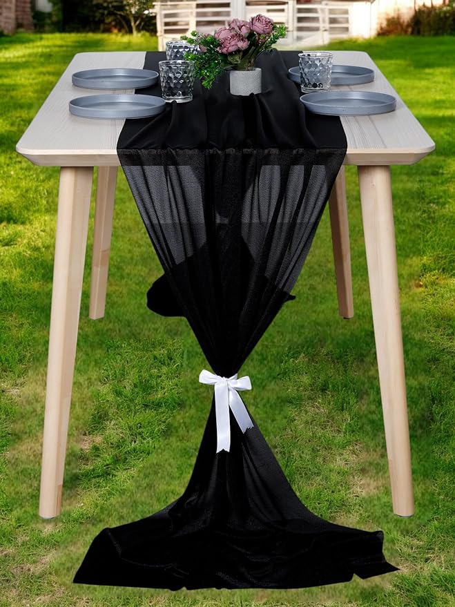 MDS 1 Pack 10ft Chiffon Table Runner 29 x 120 Inches Sheer Wedding Runner Romantic Rustic Table Runner for Wedding Decorations, Birthday Parties, Bridal Shower Party Arch Decor - Black
