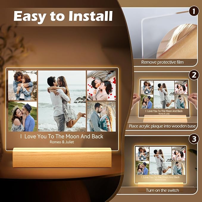 Custom Picture Frames with Photo, Personalized Photo Frame with Night Light, Customized Picture Frame, Personalized Anniversary Birthday Gifts for Women, Men, Him, Her, Couple, Boyfriend, Girlfriend