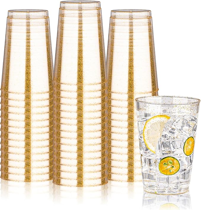BESTVIP 12oz Gold Glitter Disposable Cups, 100 Pack Gold Plastic Cups, Heavy-duty Party Cocktail Glasses for Christmas, Thanksgiving, Plastic Cups for Party, Holiday, Wedding and Birthday