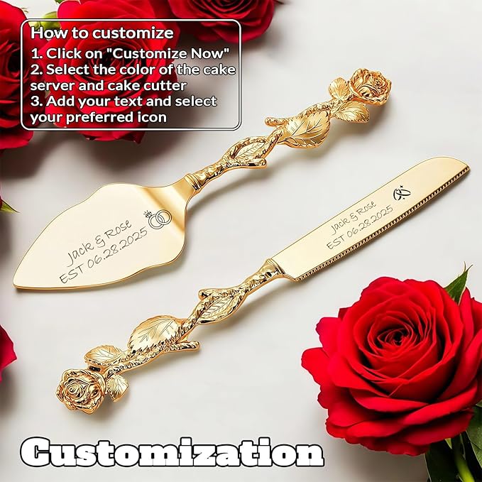 Personalized Wedding Cake Knife and Server Set, Custom Name/Date Cake Cutting Set for Wedding, Customized Cake Cutter for Bridal Anniversary Birthday Couple Gifts (Rose-Gold)