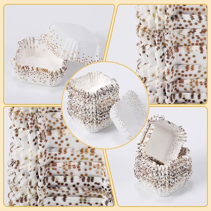 Tanlade 350 Pcs Square Mini Cupcake Liners Disposable Brownie Baking Pan Liners 1.77 Inch Paper Baking Cup for Cup and Cupcakes Party Supplies for Weddings Birthdays Bridal Showers(Gold Dots)