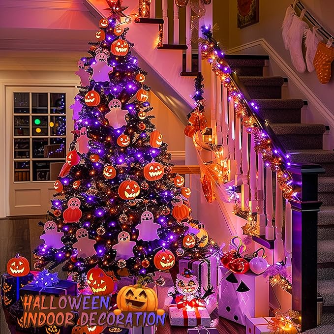 JMEXSUSS 600 LED Christmas String Lights Outdoor, Orange and Purple Lights Clear Wire, Christmas Twinkle String Lights Plug in for Tree Christmas Decorations
