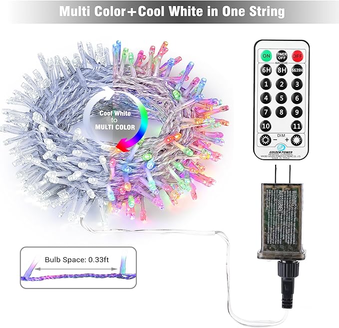 BrizLabs Cool White & Multicolor Christmas Lights, 180ft 500 LED Color Changing String, 11 Modes Tree Lights With Remote, Dimmable Xmas Clear Wire for Indoor Outdoor Christmas