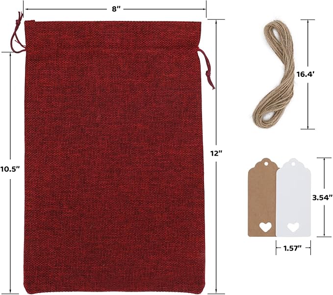 Tapleap Burlap Bags with Drawstring - 10Pcs 8x12 Red Gift Sacks for Wrapping Halloween Favors, Breads, Mason Jars, For Birthday, Wedding, Fall Themed Party or Household Use