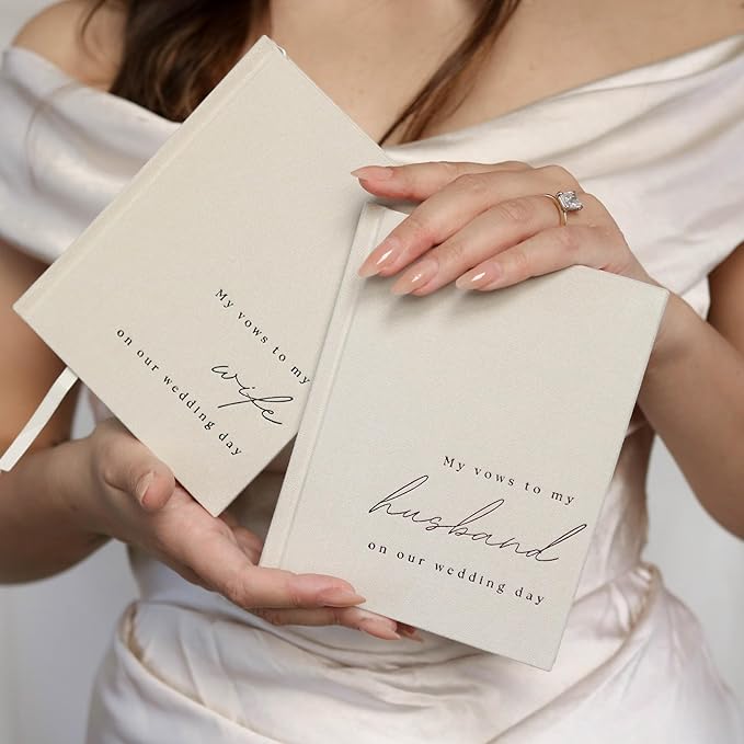 Wedding Vow Books His and Hers - 2 Pack Personalized His & Hers Book - Linen Hardcover Bride and Groom Notebook for Ceremony Vows - Bookmark & Lined Pages - Renewal & Wedding Must Haves