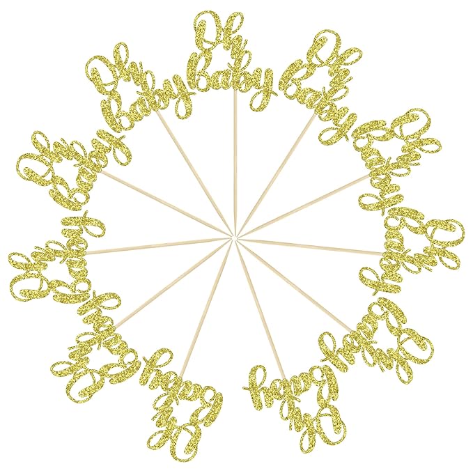Gyufise 36 Pack Oh Baby Cupcake Toppers Glitter Baby Shower Cupcake Picks Decorations for Celebrating Baby Shower Kids Birthday Party Supplies Gold