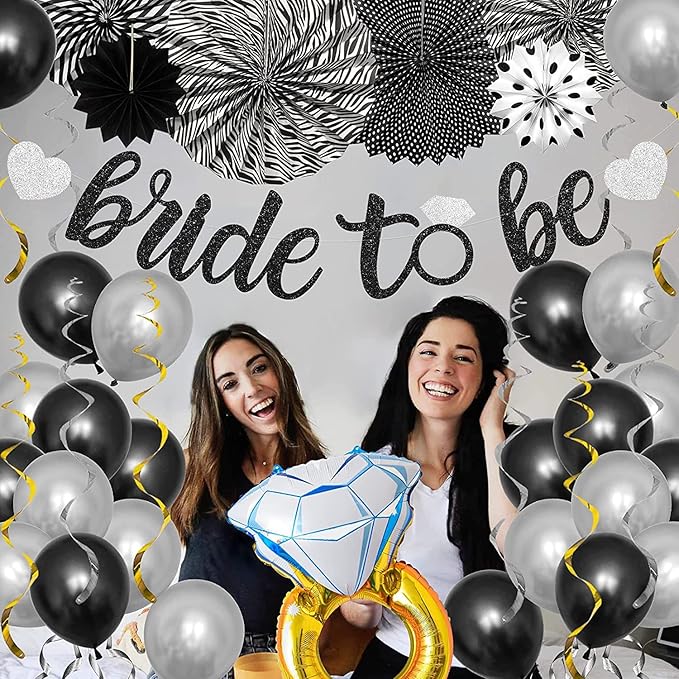 Black Silver Party Decorations - Bridal Shower Decorations Set Bachelorette Party Supplies with Bride to Be Banner,Bride Foil Balloon,Diamond Ring Foil Balloon,Paper Fan Hanging Swirl
