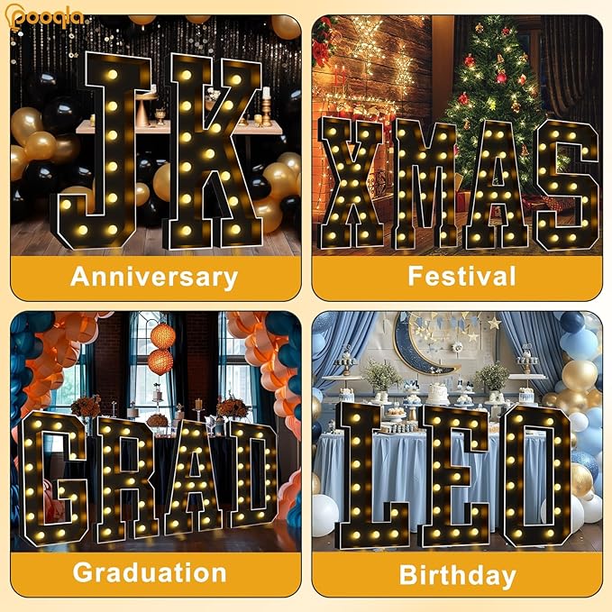 Pooqla 4 FT Marquee Light Up Letters, Black Marquee Letter Lights 4 Feet Tall, Giant Mosaic Sign Big for Balloons Birthday Party Anniversary Wedding Decorations, Warm White Letter Q