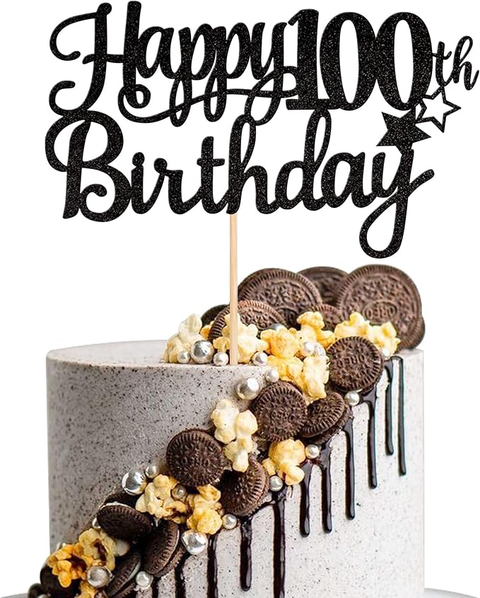 1 PCS Happy 100th Birthday Cake Topper Glitter Cheers to 100 Years Cake Pick 100 Fabulous Cake Decoration for 100th Birthday Party Decorations Supplies Black