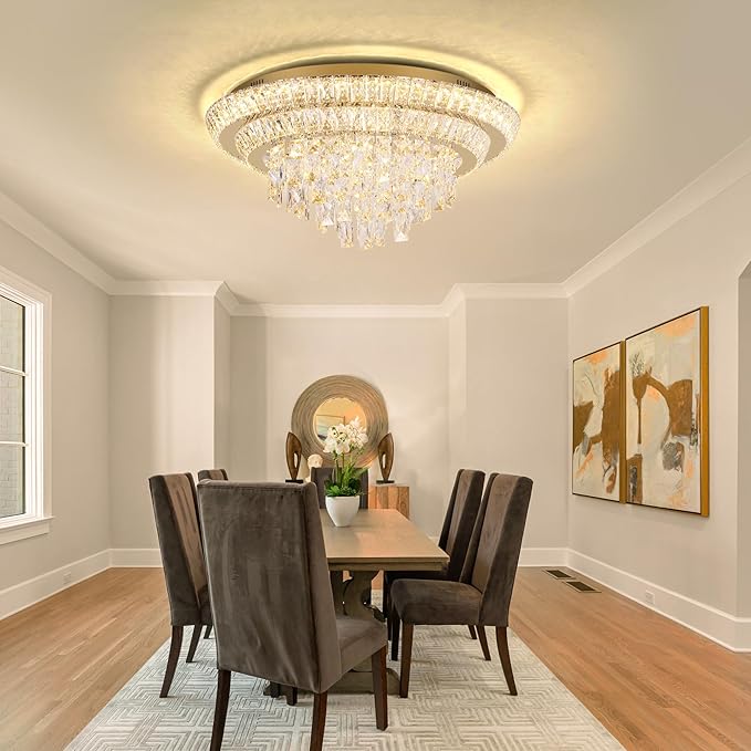 24 inch Crystal Gold Ceiling-Light Flush Mount with Remote Control and APP, 3CCT Dimmable & Brightness Adjustable, Modern Crystal Raindrop Chandeliers for Bedroom Hallway Dinning Room Living Room