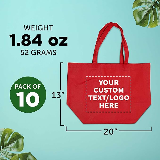 DISCOUNT PROMOS Custom Southern Style Grocery Tote Bags Set of 10 - Personalized Bulk Pack, Reusable Grocery & Shopping Bags - Great for Travel, Business Promotions, July 4th - Red - 20"X13"X8"