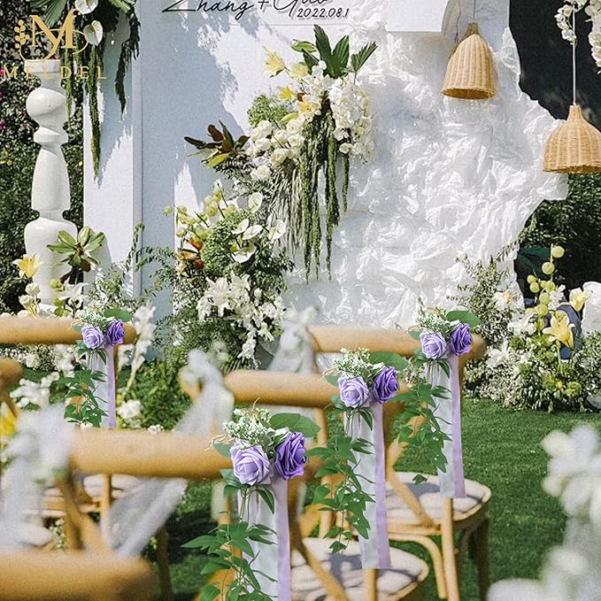 Meldel Wedding Chair Decorations Set of 10 Aisle Artificial Flowers White Puprle Rose Garland with Hanging Ribbons for Ceremony Reception Church Arrangement Party Wedding Decor