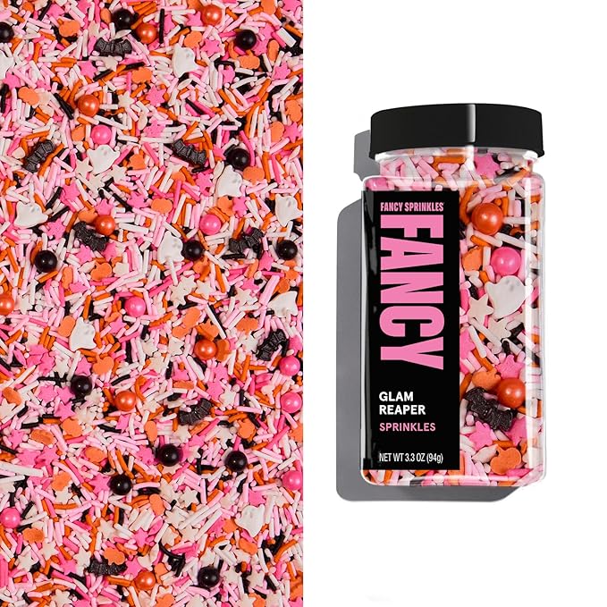 Fancy Sprinkles Limited Edition Halloween Glam Reaper Sprinkles Pink, Orange, Black, and White Crunchy Jimmies Candy Pearls, Bats and Pumpkins (0.5c)