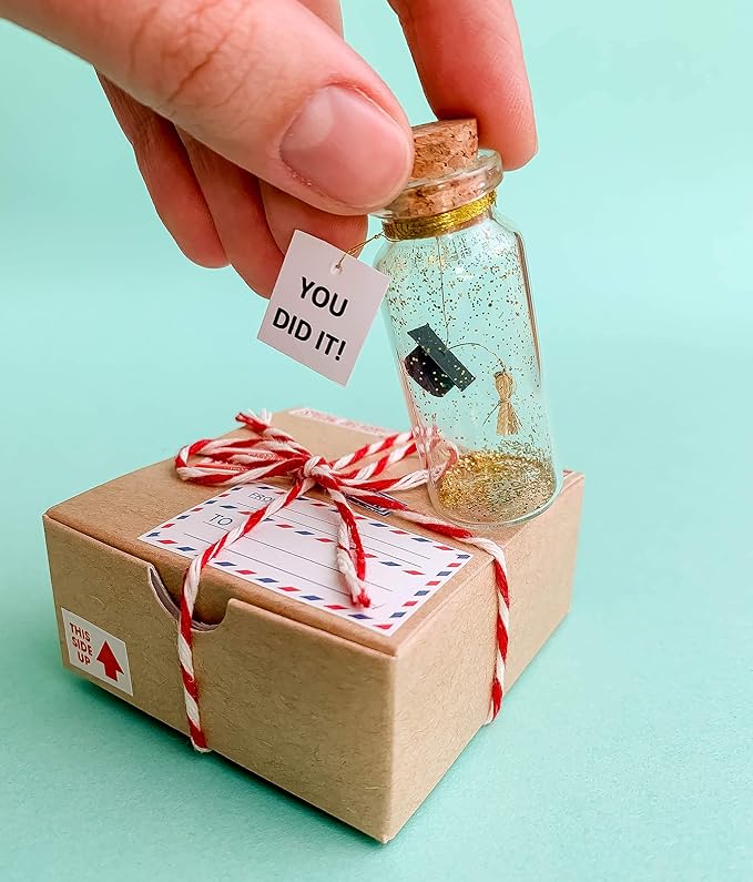 Kseniya Revta Inspirational Message in a Bottle Gift Idea - Classy Gifts for Friends and Family - Unique Boyfriend Girlfriend Presents (Black Graduate Cap - You Did It, in Craft Gift Box)