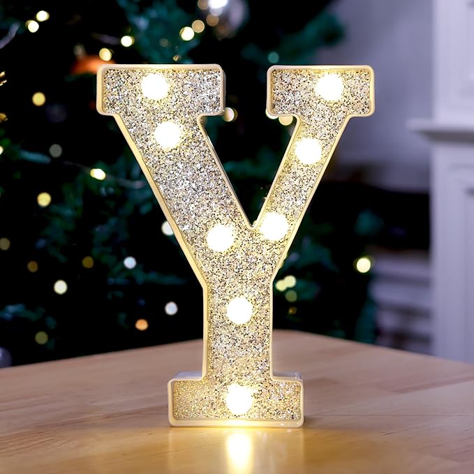 Marquee Light Up Letters, Glitter Silver LED Letter Lights Battery Powered Alphabet Letter Sign for Night Light Wedding Birthday Party Cafe Bar Decoration Girls Room Decor - Y