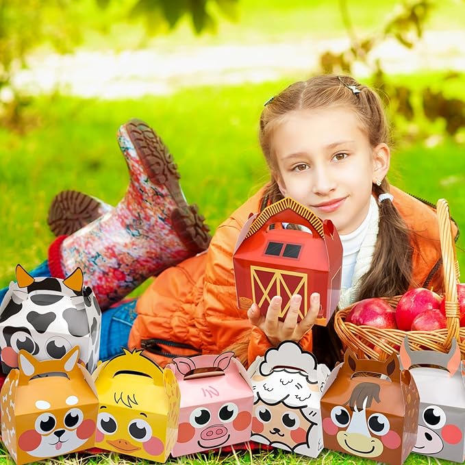 24 Pack Farm Animal Party Favor Boxes, Farmhouse Themed Party Candy Goodie Treat Gift Boxes for Baby Shower Kids Birthday Party Decorations Supplies, 8 Designs
