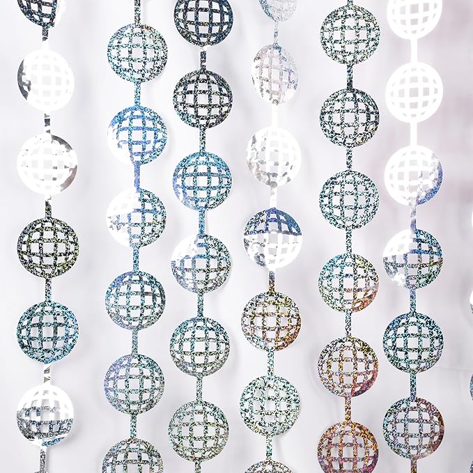 BRAVESHINE Hanging Balls Party Streamers Backdrop - 2 Pack Silver Tinsel Foil Fringe Curtains for 70s 80s 90s Discoball Party, Birthdays, Bachelorette, Engagement, Music, Dance,New Years Decorations