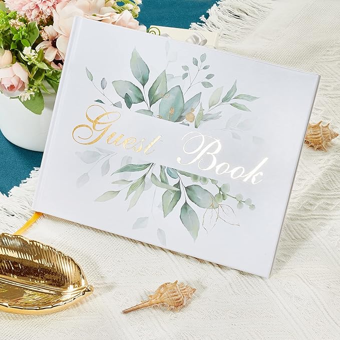 TRULIVA Wedding Guest Book with Pen - Sign in Book for Wedding Reception - Gold Foil - Hard Cover, 7" x 9" (Eucalyptus Gold Foil, Book and Pen)