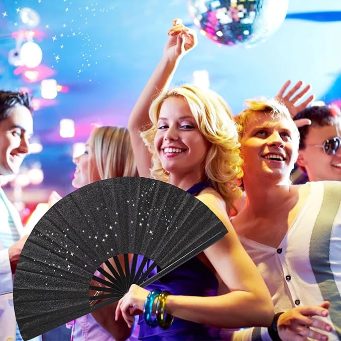 Glitter bling Large Folding Fan-Hand Fan Rave Clack Popping Fan for Line Dancing Clacking Fans for Boots On The Ground Dance, Party for EDM, Music Festival, Hot Flashes, Party, Decoration(3pcs black)