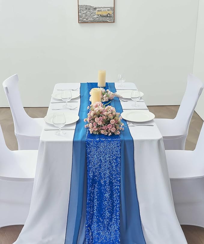 2 Pack 10Ft Royal Blue Chiffon Table Runner Sheer 29x120 Inch for Romantic Wedding Decor Bridal & Baby Shower Birthday Rustic Party Decoration