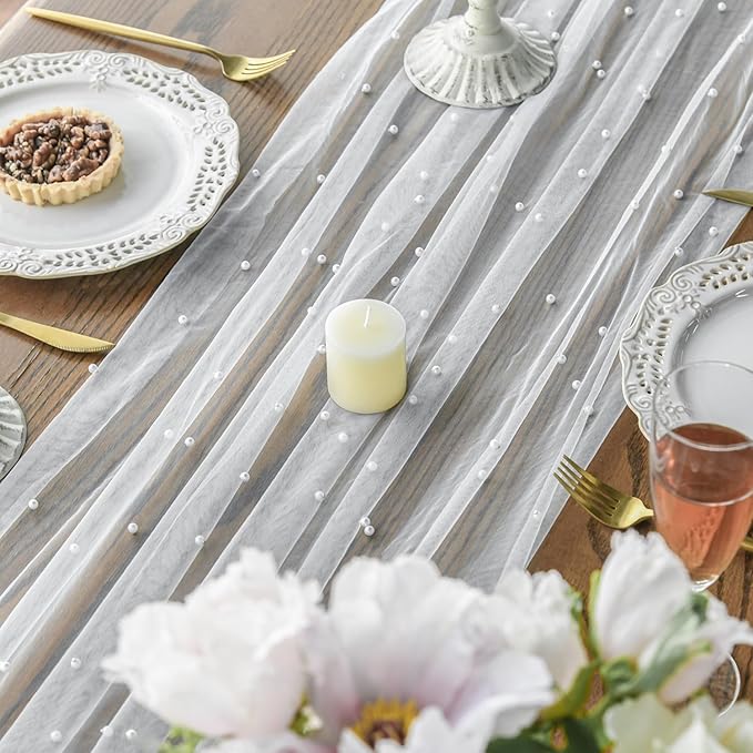 Artoid Mode 3PCS Pearl Gauze Table Runner 120 Inch 10FT, Seasonal Sheer Dining Holiday Wedding Birthday Baby Shower Table Decor for Home Party