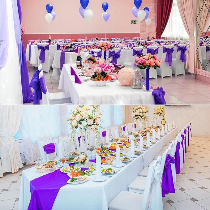 100 PCS Satin Chair Sashes Decorative Bow Satin Chair Sashes Ties Back Ribbon Bows Chairs Cover Band for Wedding Birthday Party Ceremony Reception Events Banquet Home Kitchen Decor(7 x108inch,Purple)