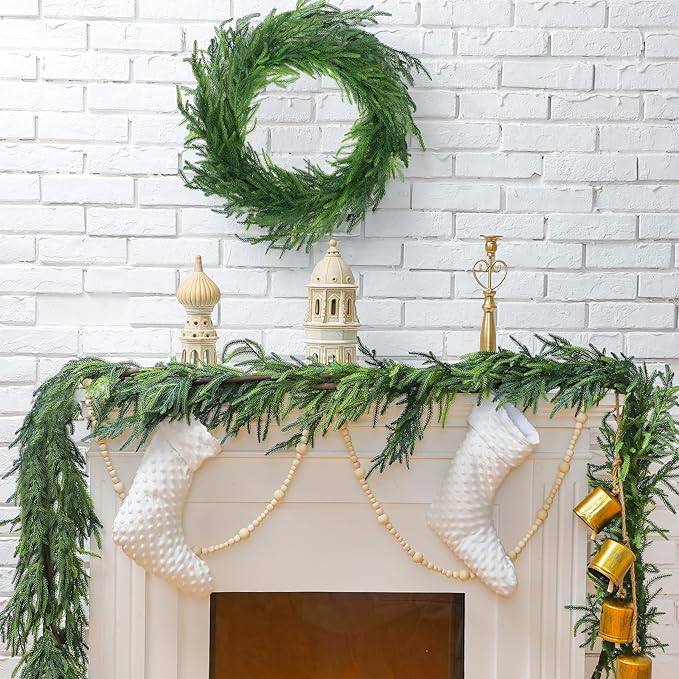 Jutom Christmas Norfolk Pine Garland Realistic Artificial Faux Greenery Cedar Garland for Mantle Holiday Indoor Outdoor Fireplace Winter Christmas Decorations(2 Pcs,9 Feet)
