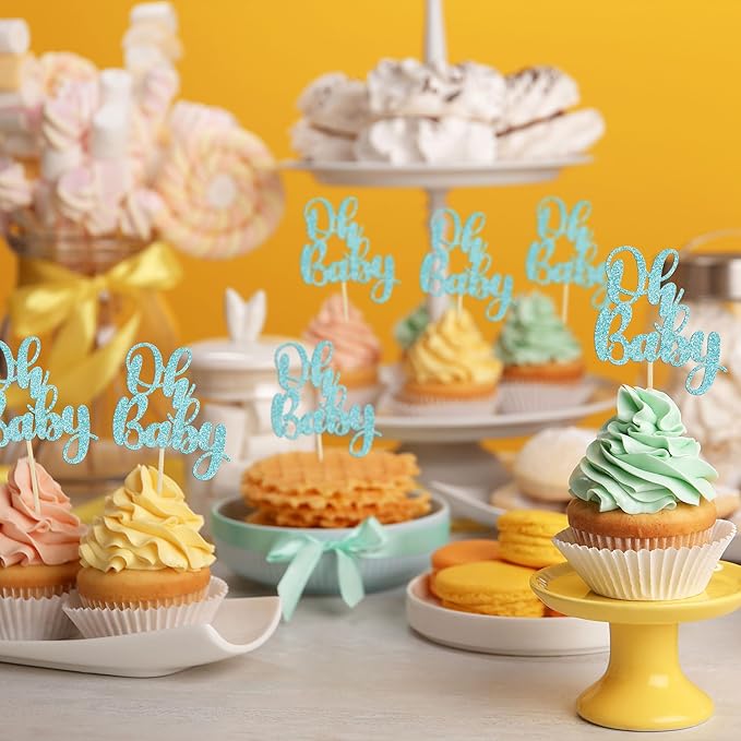 Gyufise 36Pcs Oh Baby Cupcake Toppers Glitter Baby Shower Cupcake Picks Oh Baby Cake Pick for Baby Shower Kids Boys Girls Birthday Party Cake Decorations Supplies Light Blue