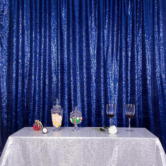 SquarePie Sequin Backdrop Not See Through Thick Stain Background for Photography Glitter Curtain Party 8FT x 8FT Navy Blue