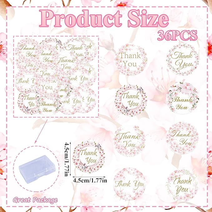 36PCS Edible Cherry Blossoms Thank You Cupcake Toppers Pink Edible Cherry Flowers Cake Decor Wafer Paper Thank You Cupcake Topper for Flowers Theme Baby Shower Birthday Party Decor Supplies