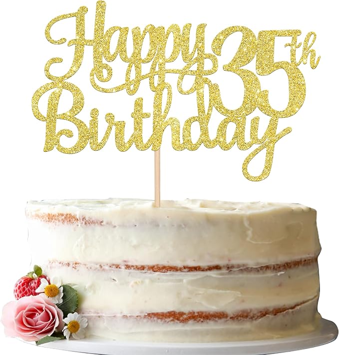1 PCS Happy 35th Birthday Cake Topper Gold Glitter Cheers to 35 Years Birthday Cake Pick 35 Fabulous Cake Decoration for Happy 35th Birthday Theme Party Decorations Supplies