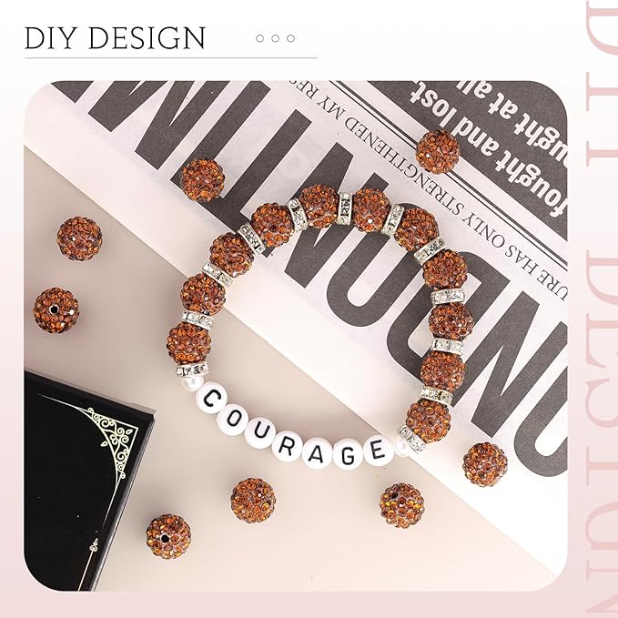 100 pcs 10mm Rhinestone Beads for Jewelry Making, Brown Shiny Round Shamballa Disco Beads Bulk, Sparkle Crystal Clay Christmas for Bracelet Baseball Necklace Earring Crafting and DIY
