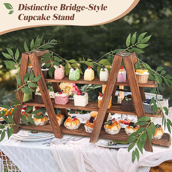 Wooden 3-Tier Cupcake Stand with Removable Trays & Vine Decoration – Foldable Party Display Serving Ladder with Platter for Cake, Snacks, Fruits, Chips, Bread