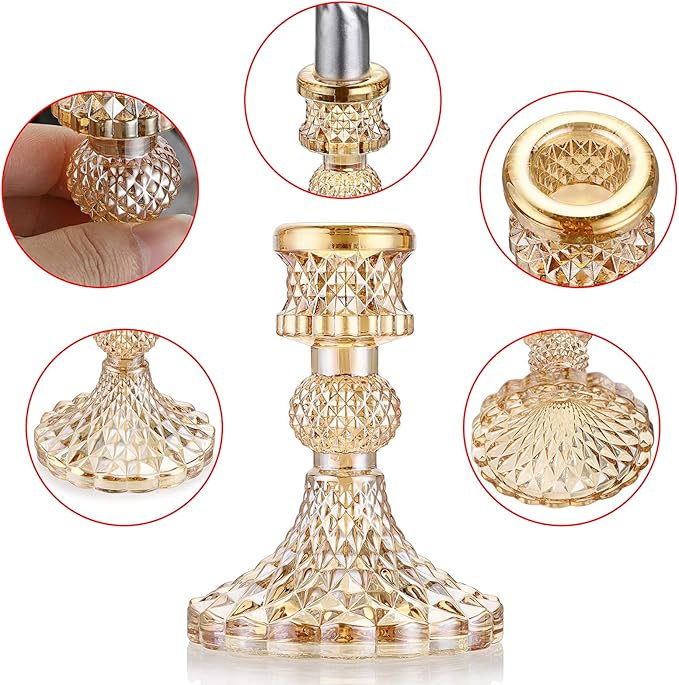 OwnMy Set of 2 Gold Glass Taper Candle Holders Decorative Glass Candlestick Holders, Modern Taper Candle Stands Candlesticks for Dining Table Centerpieces Wedding Church Decor
