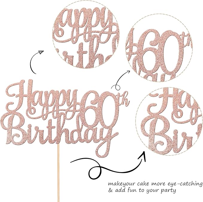 1 PCS Happy 60th Birthday Cake Topper Glitter Cheers to 60 Years Birthday Cake Pick 60 Fabulous Cake Decoration for Happy 60th Birthday Anniversary Party Decorations Supplies Rose Gold