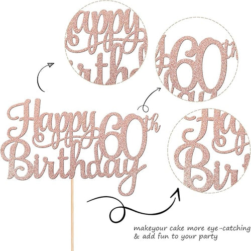 1 PCS Happy 60th Birthday Cake Topper Glitter Cheers to 60 Years Birthday Cake Pick 60 Fabulous Cake Decoration for Happy 60th Birthday Anniversary Party Decorations Supplies Rose Gold