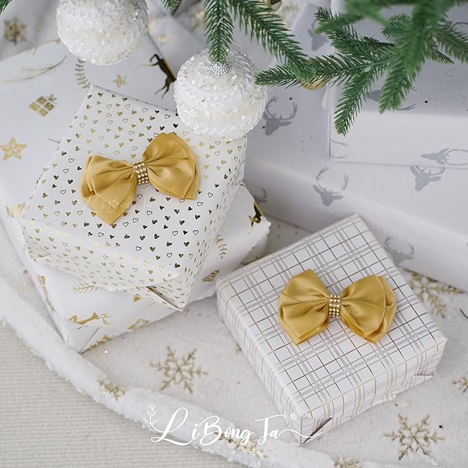 Gold Bows 4'' Premade Satin Ribbon Bow, Gift Bows with Rhinestone, Wrapping Bows for Presents, Greeting Cards, Treat Bags, Wine Bottles, Valentines Bows for Gift Wrapping-12 Counts