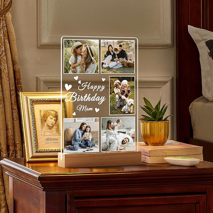 Personalized Birthday Gifts for Mom from Daughter Son, Custom Collage Picture Frames with Night Light, Customized Acrylic Plaque Photo Frame, Personalized Photo Gifts for Mom, Baby, Kids, Family