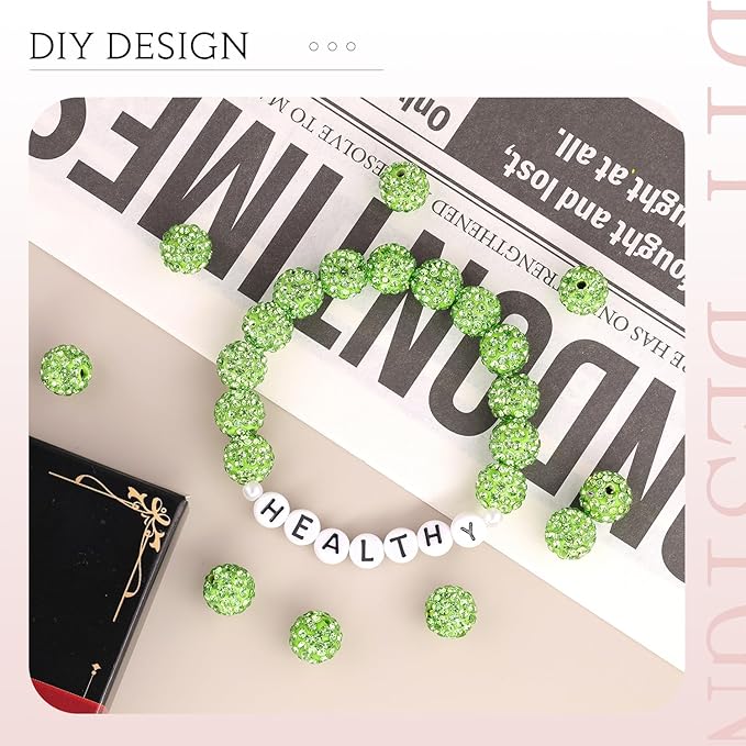 100 pcs 10mm Rhinestone Beads for Jewelry Making, Light Green Shiny Round Shamballa Disco Beads Bulk, Sparkle Crystal Clay Christmas for Bracelet Baseball Necklace Earring Crafting and DIY
