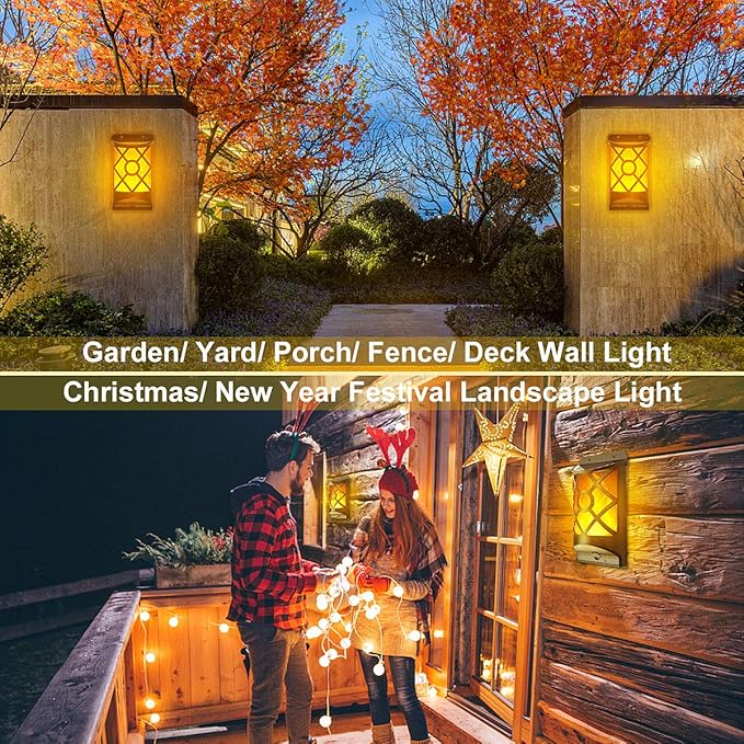6 Pack Solar Flame Lights Outdoor Waterproof - Realistic 3D Flickering Flame Wall Lantern with 66 Ultra-Bright LEDs - Auto On/Off Fire Effect Lighting for Fence, Patio, Garden Decor