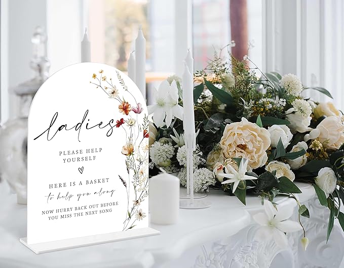 2 Pcs Boho Floral Wedding Bathroom Ladies & Gents Signs, 6 x 8 Inch White Arch Acrylic Wedding Sign with Holder, Wedding Sign for Ceremony and Reception, Wedding Decoration, Wedding Supplies - BX32