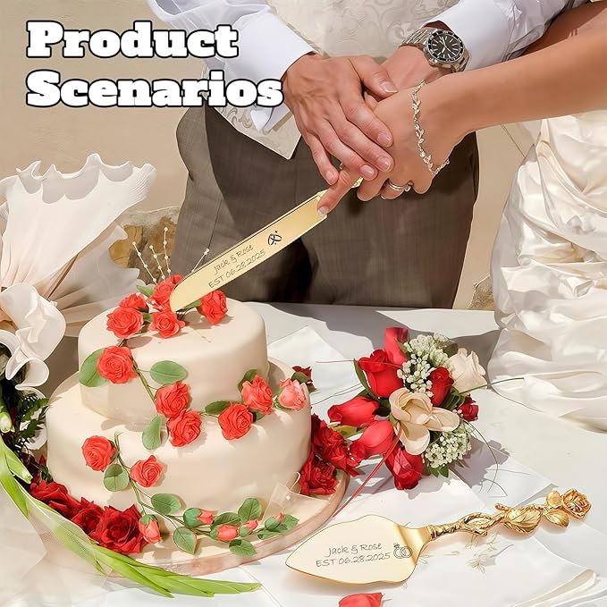 Personalized Wedding Cake Knife and Server Set, Custom Name/Date Cake Cutting Set for Wedding, Customized Cake Cutter for Bridal Anniversary Birthday Couple Gifts (Rose-Gold)