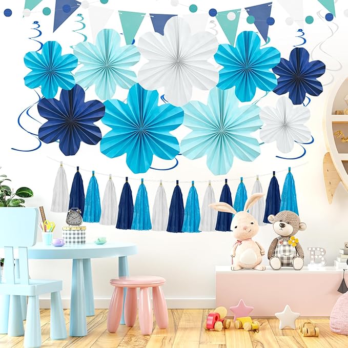Navy Blue Party Decorations Set, 22 Pcs Hanging Paper Flowers, Tassel Garland & Swirls for Weddings, Bridal Showers, Baby Showers, Birthday, Classroom Decor, Backdrop Supplies