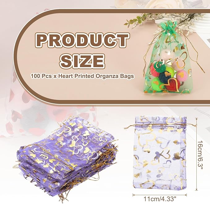 PATIKIL 100 Pcs 4x6 Inch Heart Printed Organza Bags, Purple Sheer Heart Organza Bags with Drawstring for Christmas Candy Jewelry Party Wedding Favor Gift