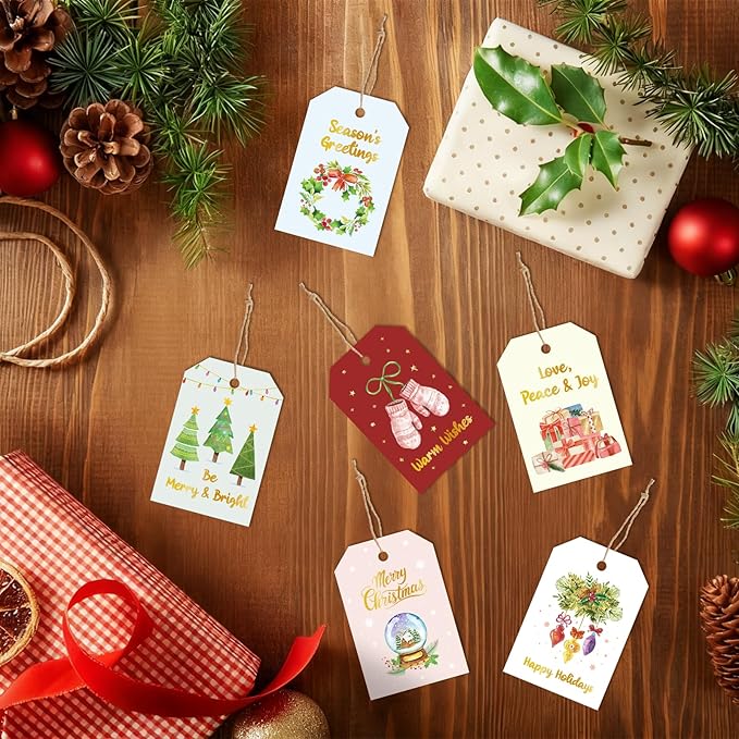 48 Pcs Christmas Gift Tags, Watercolor Christmas Hanging Tags Label Gold Foil with Hemp Rope Xmas Present Tag for DIY Xmas Holiday Present Wrapping Decorations, 6 Styles