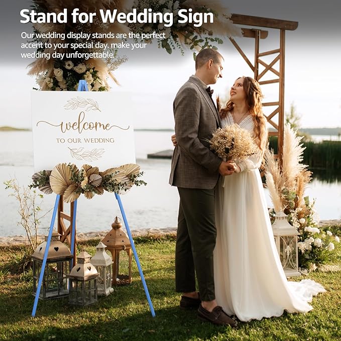NianFeng Wooden Easel Stand for Sign, Easel Display Stand Floor for Wedding Sign with Adjustable Tray, 63-Inch, Tripod A-Frame Poster Light Duty, Welcome, Art Show & Baby Shower (Blue)