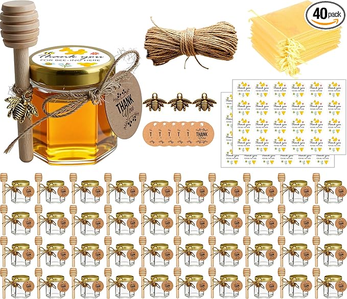 Honey Pot, Glass Honey Jars, Small Honey Jars with Wooden Dippers, Bee Charms, Gold Gift Bags and Jutes Lids, Mini Honey Jars Baby Shower Favors, 1.5oz 40 Pack